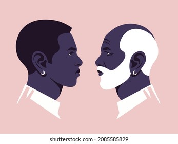 African Grandfather And Grandson In Profile. The Faces Of A Young And Elderly Man. Side View. Generations.  Vector Flat Illustration