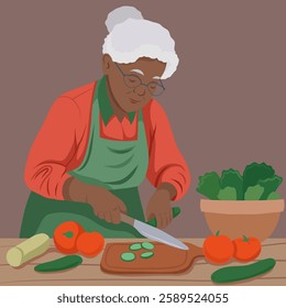 African grandma cutting salad. Vector flat illustration of Black old woman cooking. Retirement hobby. Illustration for articles and banners