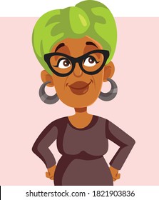 African Grandmother Vector Cartoon Character. Senior Afro-American Granny With Headscarf And Eyeglasses
