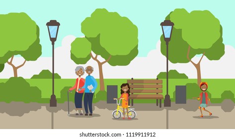 african grandparents grandchildren, full length avatar over city park wooden bench street lamp green lawn trees template background flat vector illustration