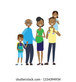 african grandparents parents children grandchildren , multi generation family, full length avatar on white background, happy family together concept, tree of genus flat cartoon vector illustration