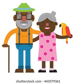 African grandparents with walking cane and parrot