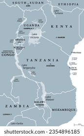 Afrikanische Region der Großen Seen, die großen Seen der Großen Seen Afrikas, graue politische Landkarte