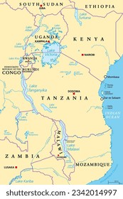 African Great Lakes region, political map. Large rift lakes of Africa, including Lake Victoria, Tanganyika and Lake Malawi. Riparian countries are Kenya, Tanzania, Uganda, Malawi, Rwanda, Burundi etc.