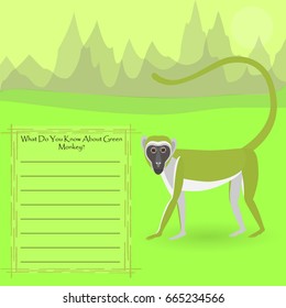 African Green Monkey Against Symplistic Nature Background and Poster with Space for Interesting Facts about this Animal. Educational Card for Childrens Schooling. Vector EPS 10