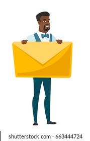 African groom in a wedding suit holding a big envelope. Full length of groom holding a big envelope. Cheerful groom with a big envelope. Vector flat design illustration isolated on white background.
