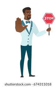 African groom in a wedding suit showing stop road sign. Full length of groom holding stop road sign. Serious groom with stop road sign. Vector flat design illustration isolated on white background.