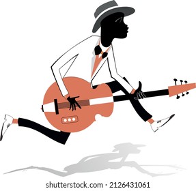 African guitarist illustration. 
African musician is playing guitar with inspiration isolated on white background
