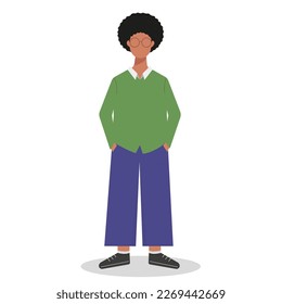 African guy, boy, teenager, man puts his hands in his pockets. Boy with black hair. Boy in a green shirt and glasses. Isolated on a white background. Vector illustration in flat cartoon style.