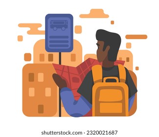 African guy looking at route on paper map near bus stop. Visiting warm countries. Feeling happy when traveling. Time for adventure tourism. Vector illustration