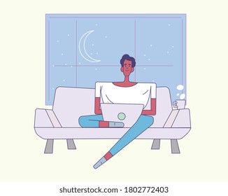 African guy work at home on couch at night - freelance, student. Self isolation remote job illustration with line