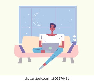 African guy work at home on couch at night - freelance, student. Self isolation remote job illustration flat design, without line