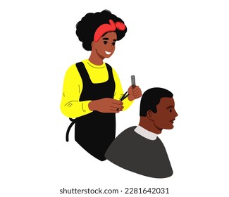 African hair stylist doing a haircut to a client. Flat vector illustration