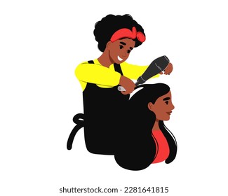 African hair stylist dries client's hair with hair dryer. Flat vector illustration
