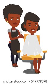 African hairdresser cutting hair of young woman in beauty saloon. Hairdresser making haircut to a client with scissors in beauty saloon. Vector flat design illustration isolated on white background.