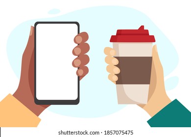 African hand holding phone with blank white screen. White hand holding a cup of hot drink. Coffee to go and outdoor time concept. Flat vector illustration on white background