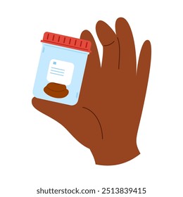 Mão africana segurando recipiente de plástico com amostra de fezes nos dedos. Análise de fezes.
