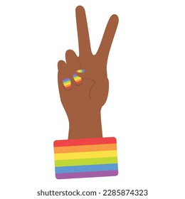 African hand with two finger and rainbow on nails. Victory sign or peace sign. Vector illustration.