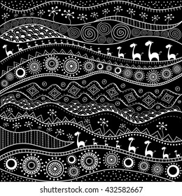 African hand-drawn ethno pattern, tribal background. It can be used for wallpaper, web page and others.  Vector illustration.