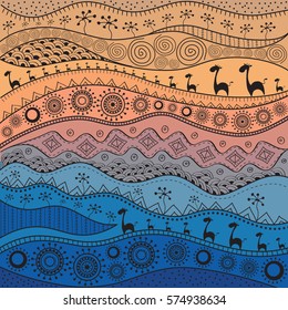 African hand-drawn ethno pattern, tribal background. It can be used for wallpaper, web page and others.  Vector illustration.