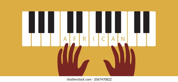 African hands on piano keys, Black Lives Matter. Flat vector stock illustration. Piano music. African musician hands. Top view. Black achievements concept. Isolated illustration