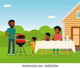 African Happy family preparing a barbecue grill outdoors. Family leisure. African American people. Vector illustration in a flat cartoon style