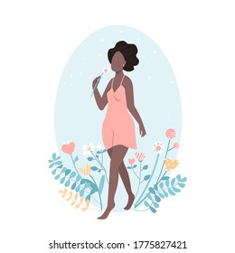 African happy girl flat color vector faceless character. Woman with flower. Positive attitude. Beauty and self acceptance. Self love isolated cartoon illustration for web graphic design and animation