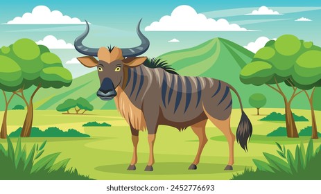 African herbivorous wildebeest in pasture-