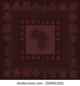 African hieroglyphs frame with Africa Map, Adinkra symbols vector