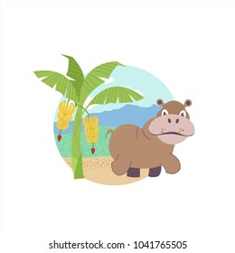 African Hippo near banana trees. Vector illustration. The African flora and fauna. Isolated on white background.