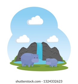 african hippos family in the savannah