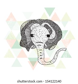 African hipster doodle style elephant postcard cover design in geometric background
