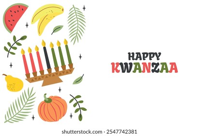 Festiva africano feliz Kwanzaa siete velas y hojas de palma Dibujado a mano cartel de tarjeta Ilustración