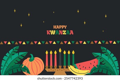 Festiva africano Feliz Kwanzaa siete velas y hojas de palma fruta verduras cartel de la tarjeta sobre fondo negro