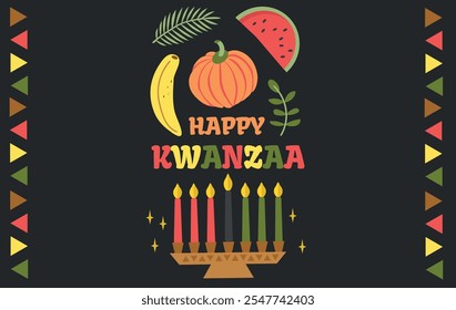 Festiva africano Feliz Kwanzaa siete velas y hojas de palma fruta verduras cartel de la tarjeta sobre fondo negro