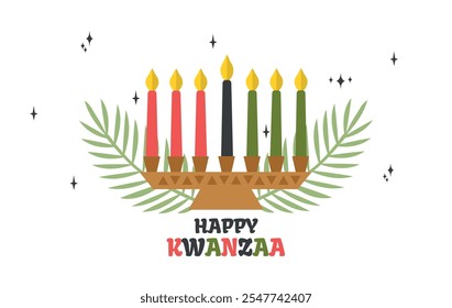 African Holiday Happy Kwanzaa seven candles and palm leaves Hand Drawn card poster Illustration