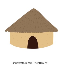 African house with grey thatched roof isolated on white background. Bright yellow clay walls. Hand drawn doodle cartoon with small entrance and big roof. national dwelling