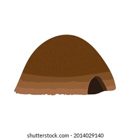 African House With A Thatched Roof Isolated On White Background. Hand Drawn Doodle Cartoon With Small Entrance And Big Roof