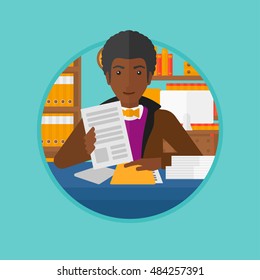 An african human resources manager reading application portfolios in the office. Concept of recruitment of staff, job interview. Vector flat design illustration in the circle isolated on background.