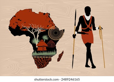 African hunter man silhouette, Africa map and ethnic  background. Vector illustration	