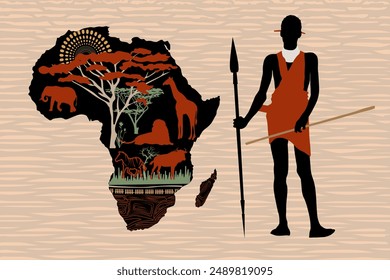 African hunter man silhouette, Africa map, animals  and landscape. Vector illustration