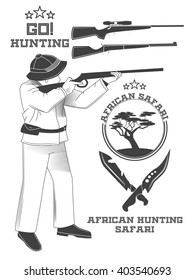 African hunter safari labels, emblems and design elements. Vector illustration