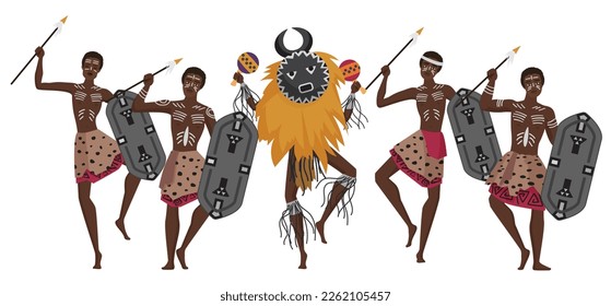African hunters dancing. Traditional shamanism dance, africa culture, tribal people vector cartoon illustration