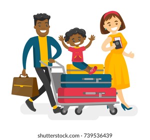 African husband pushing a luggage cart with suitcases and his son while his caucasian white wife walking nearby. Multicultural family traveling abroad. Vector isolated cartoon illustration.