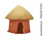 African hut with straw roof and clay wall house in cartoon style isolated on white background. Tribal, rural desert building.