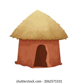 African hut with straw roof and clay wall house in cartoon style isolated on white background. Tribal, rural desert building.