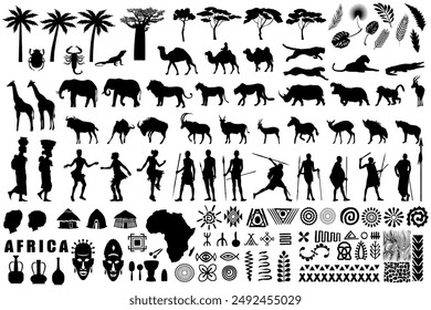 African icons, elements, patterns, people and animal silhouettes. Vector illustration