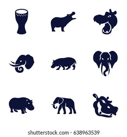 African icons set. set of 9 african filled icons such as hippopotamus, elephant