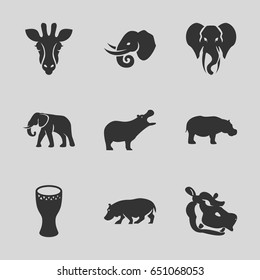 African icons set. set of 9 african filled icons such as giraffe, hippopotamus, elephant
