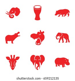 African icons set. set of 9 african filled icons such as giraffe, hippopotamus, elephant